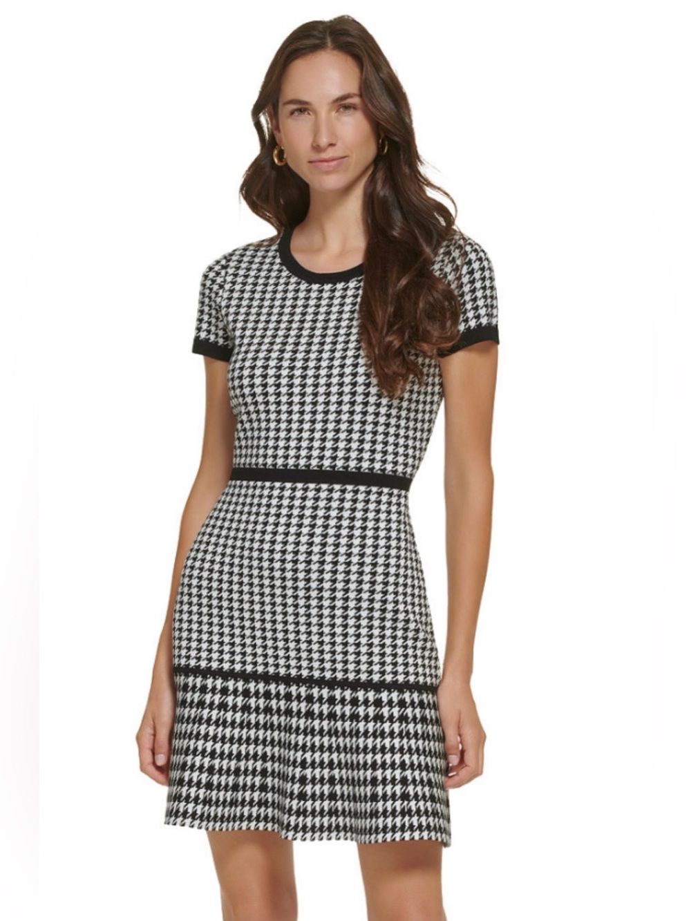 Karl Lagerfeld Black & White Houndstooth Knit Fit-and-Flare Dress